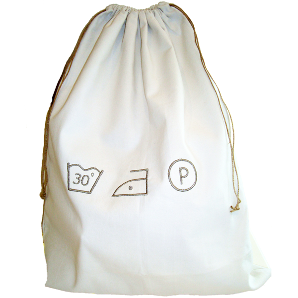sac Ã  linge sale coton blanc avec motifs brodÃ©s symboles de lavage